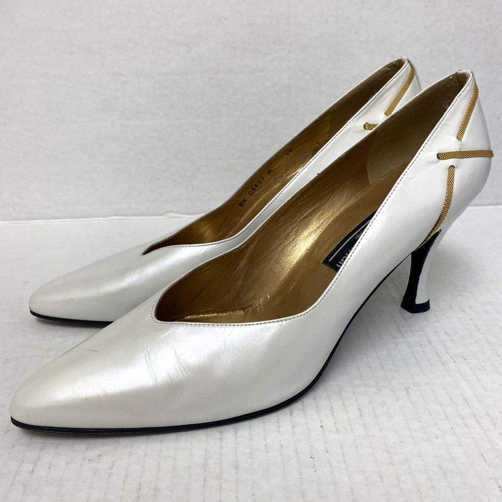 Stuart Weitzman White Pump Leather Gold Slim Heel Classic Vintage Almond Toe 10 - Picture 5 of 10